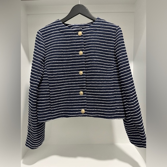 NWT J Crew Tweed Lady Jacket Antique Navy Ivory Stripe $228 size 14 gold button - Picture 3 of 12